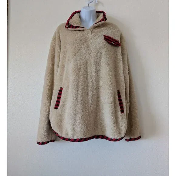 Cozy Sherpa Fleece Pullover Plaid Trim Quarter-Button Collar w/ Pockets - Picture 6 of 10